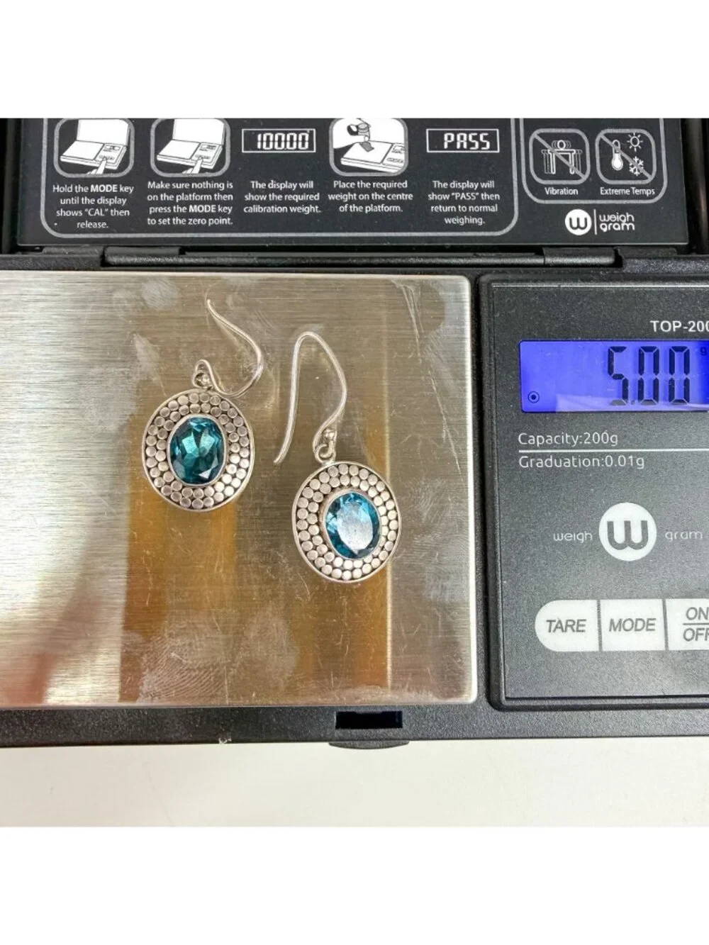 Sterling Silver Blue Topaz Fish Hook Pierced Earrings Oval Granular Textured